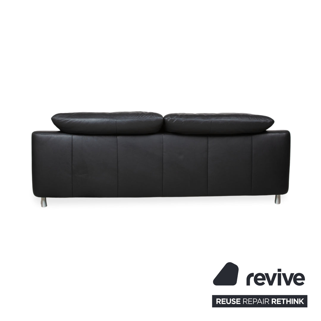 Ewald Schillig Leather Three-Seater Black Sofa Couch Manual Function