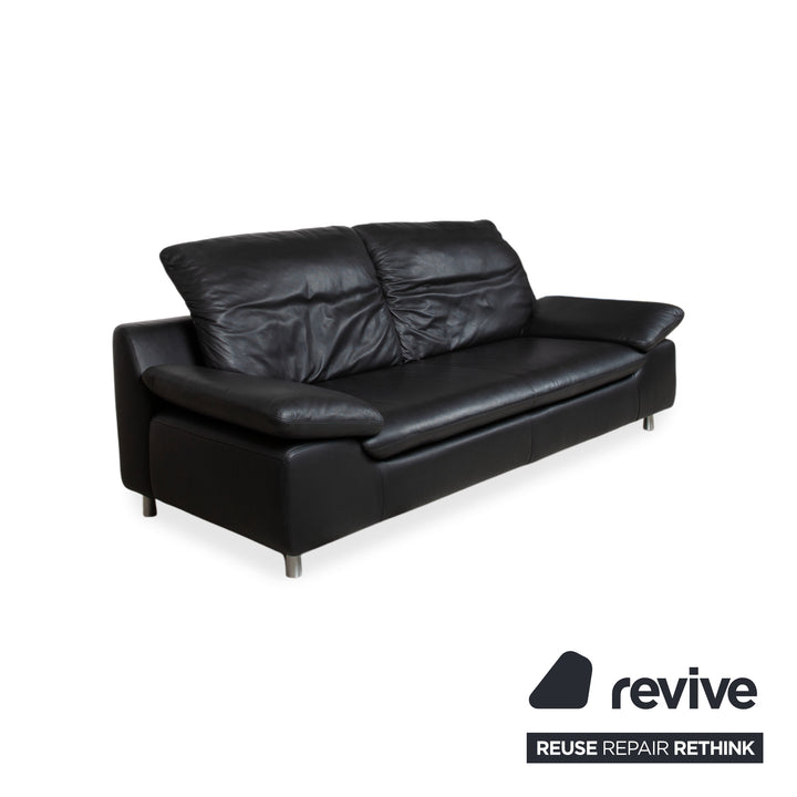 Ewald Schillig Leather Three-Seater Black Sofa Couch Manual Function