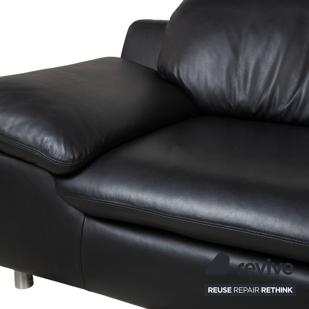 Ewald Schillig Leather Three-Seater Black Sofa Couch Manual Function