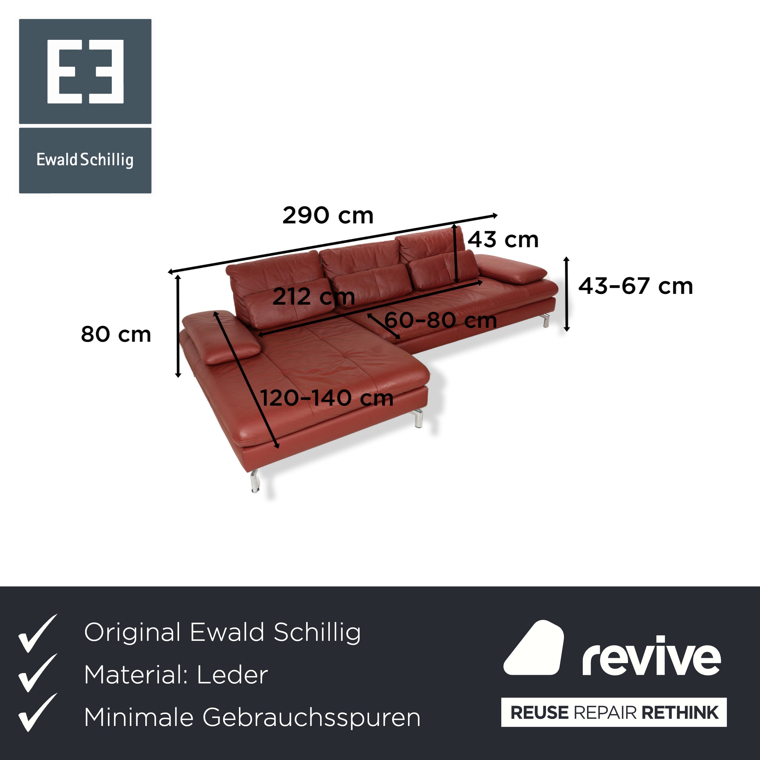 Ewald Schillig Leather Corner Sofa Couch Brown Red Recamiere Left manual function