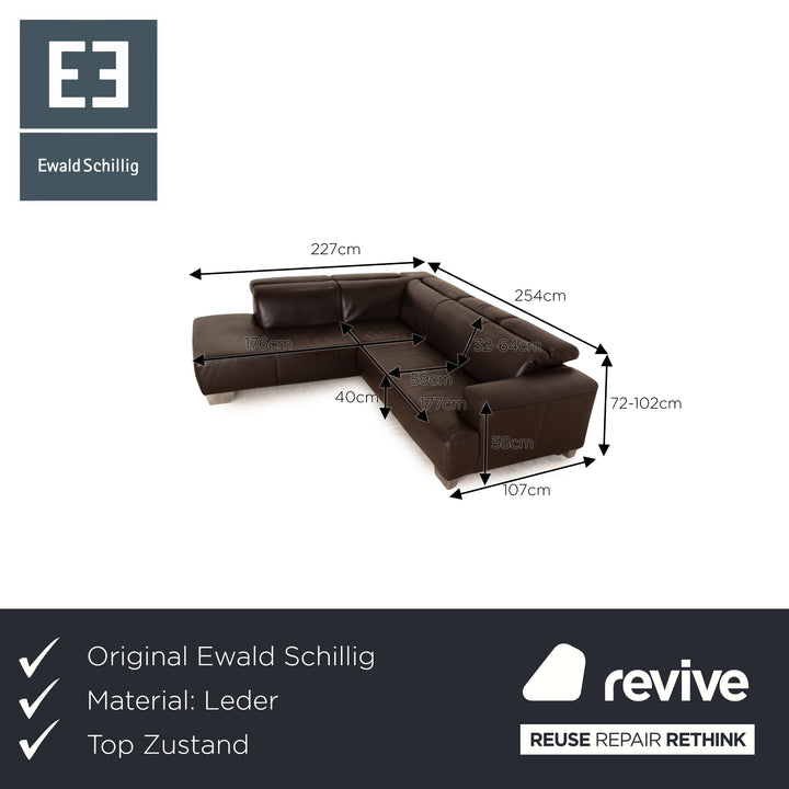 Ewald Schillig Leather Corner Sofa Dark Brown Recamiere Left Manual Function Sofa Couch