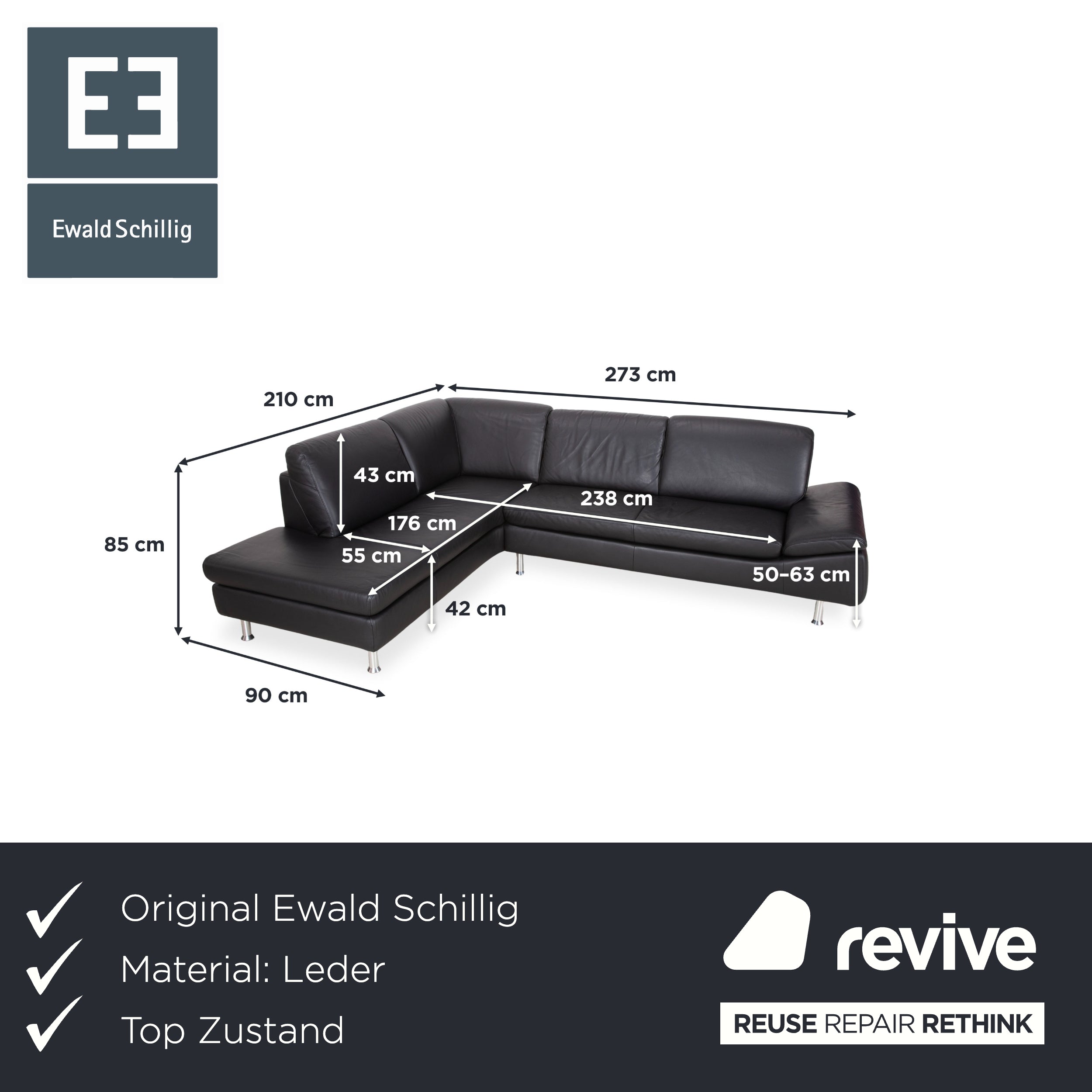 Ewald Schillig Leder Ecksofa Schwarz Sofa Couch manuelle Funktion