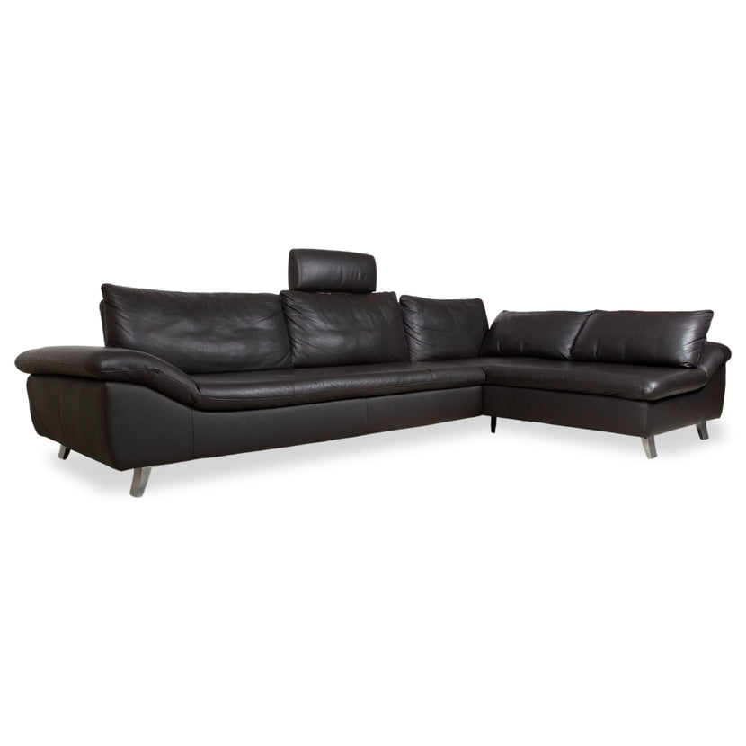 Ewald Schillig Canapé d'angle en cuir noir, fonction manuelle, appuie-tête