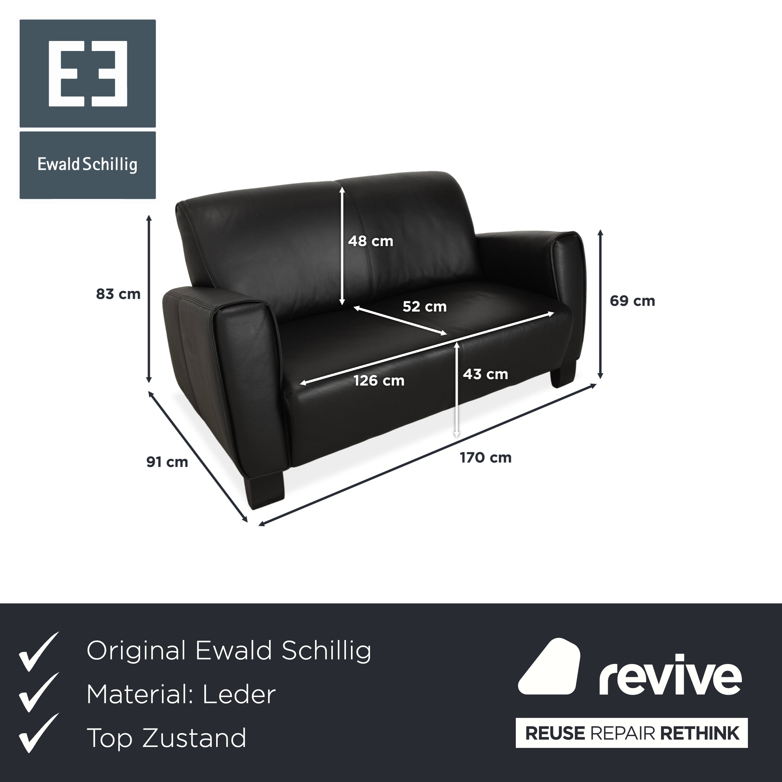 Ewald Schillig Leather Two-Seater Black Sofa Couch