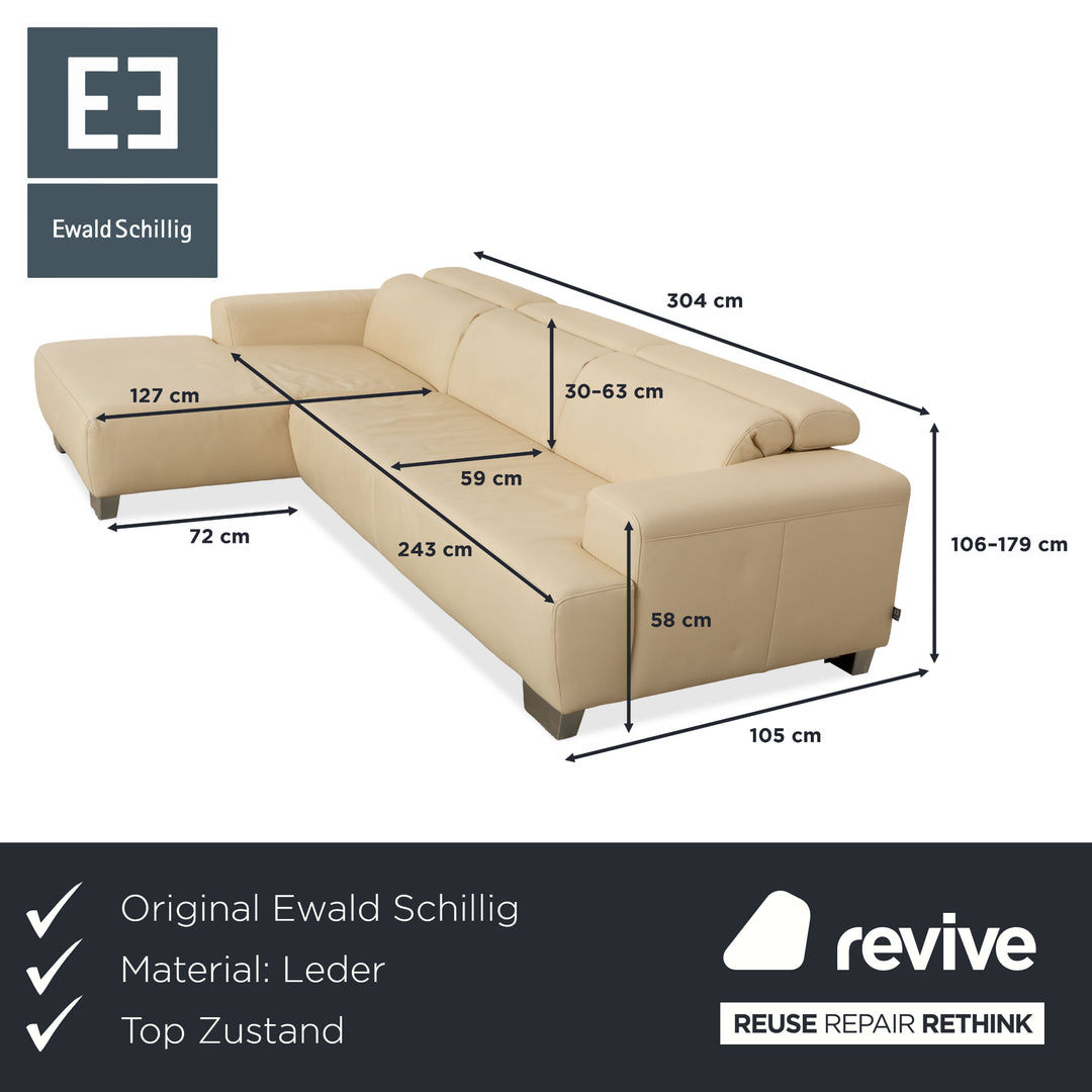 Ewald Schillig Monda Status Leather Corner Sofa Récamière left Cream White manual function