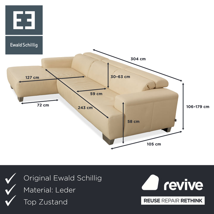 Ewald Schillig Monda Status Leather Corner Sofa Récamière left Cream White manual function