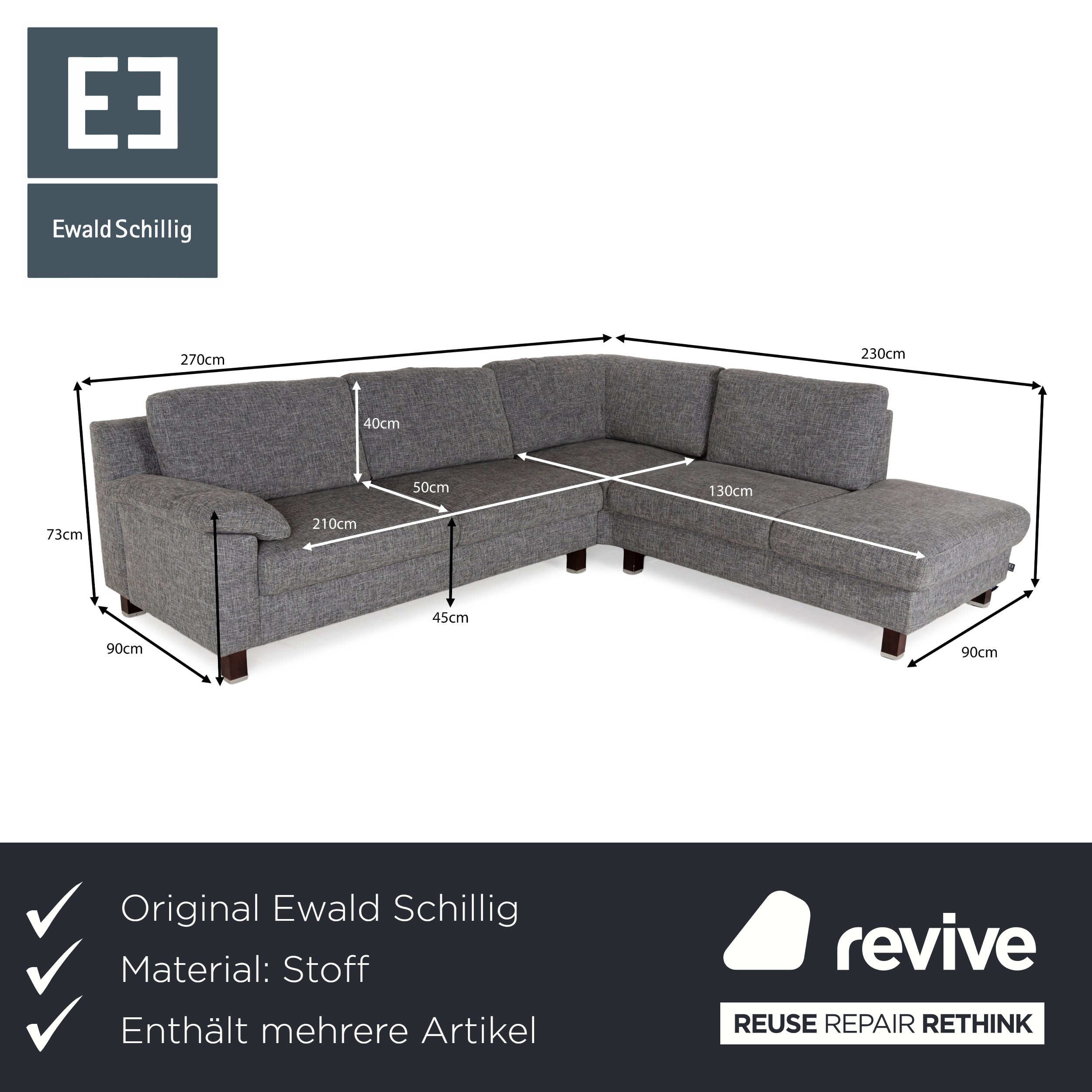 Ewald Schillig Stoff Sofa Garnitur Grau Ecksofa Couch Hocker