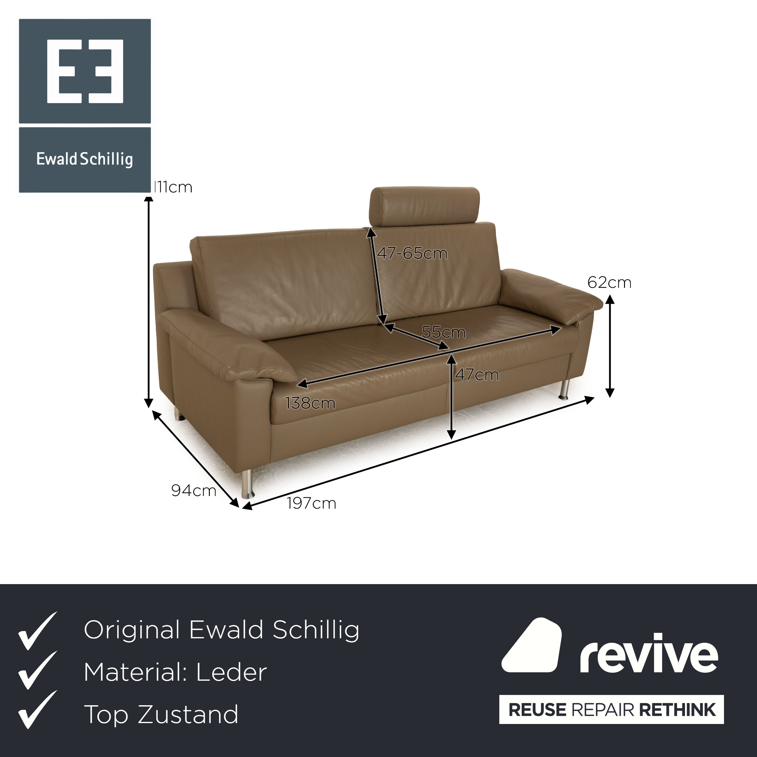Ewald Schillig Vario Leather Three-Seater Gray Taupe Sofa Couch