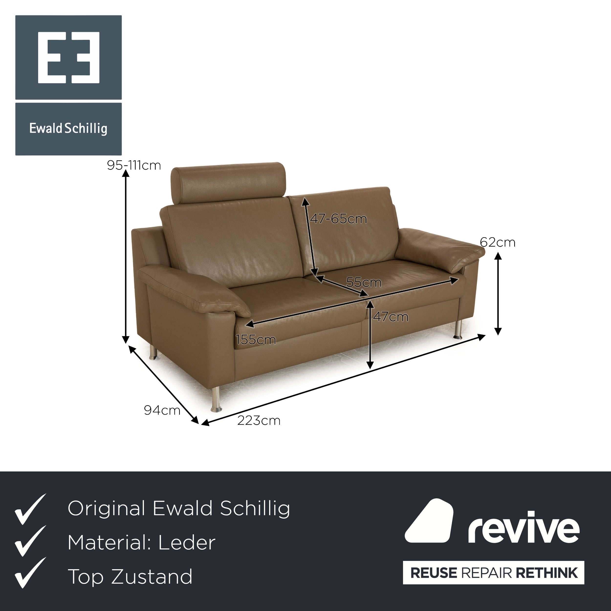 Ewald Schillig Vario Leather Two-Seater Gray Taupe Sofa Couch
