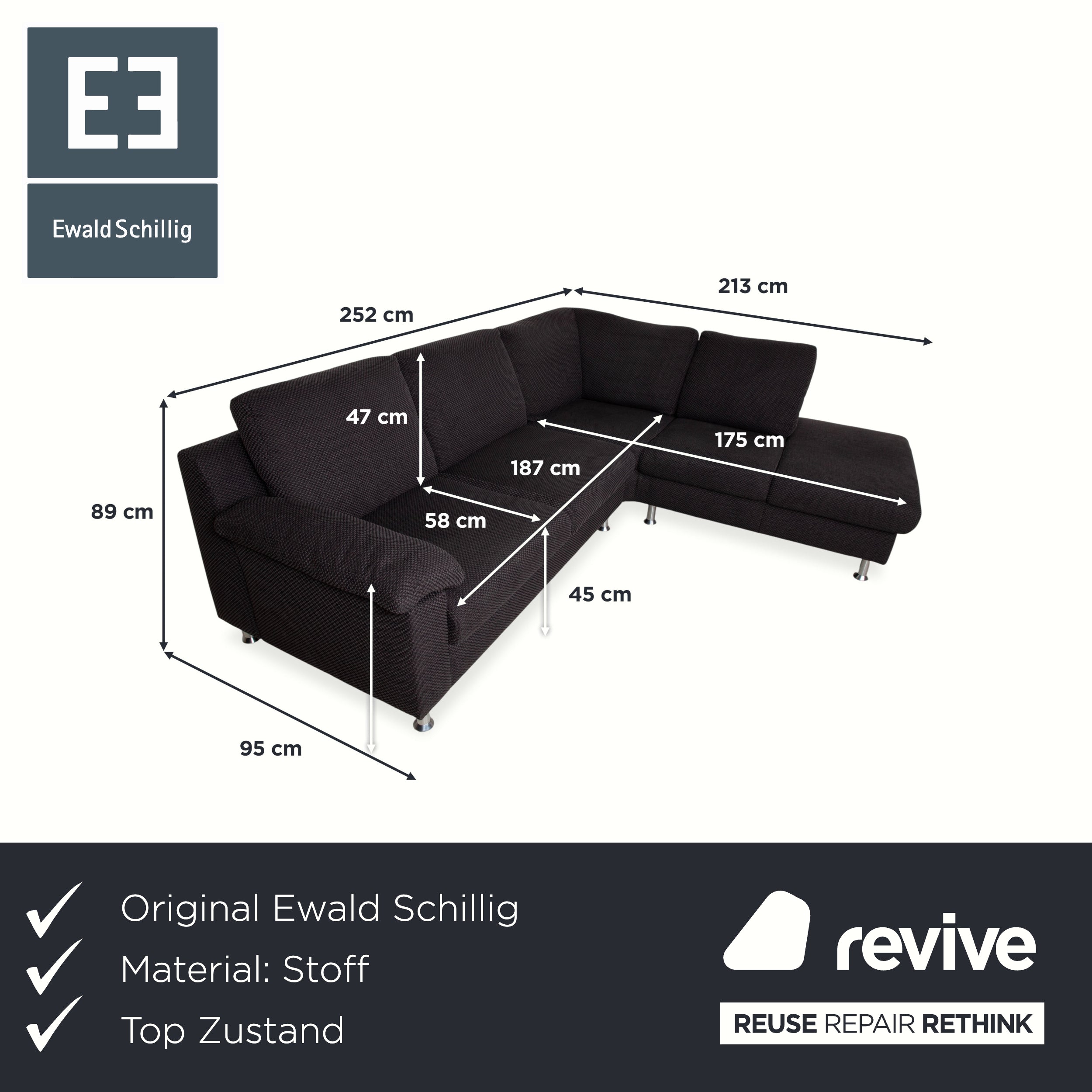 Ewald Schillig Vario Stoff Ecksofa Grau Braun Recamiere Links