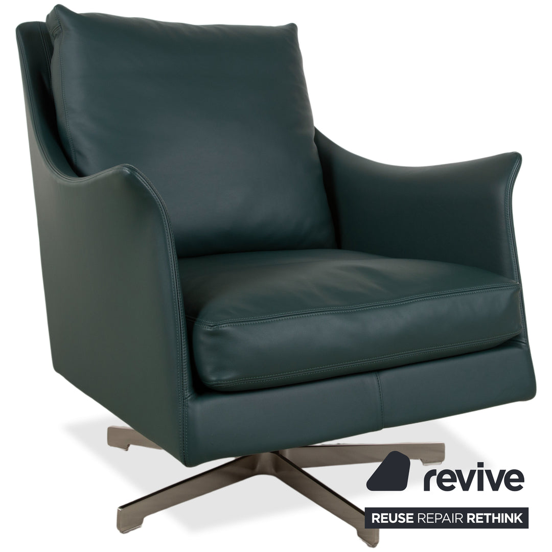 Flexform Boss Leder Sessel Grün inkl. Hocker Drehsessel Drehbar manuelle Funktion