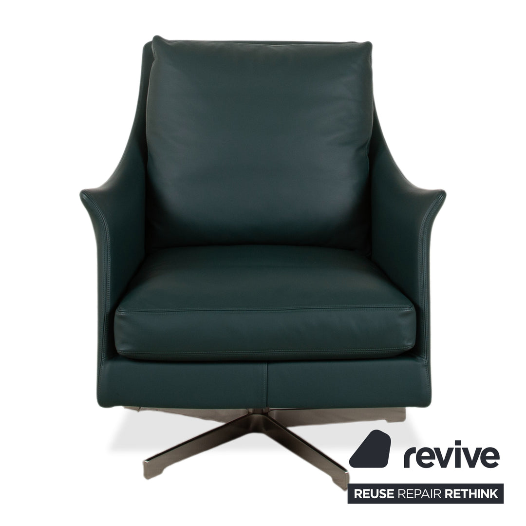 Flexform Boss Leder Sessel Grün inkl. Hocker Drehsessel Drehbar manuelle Funktion
