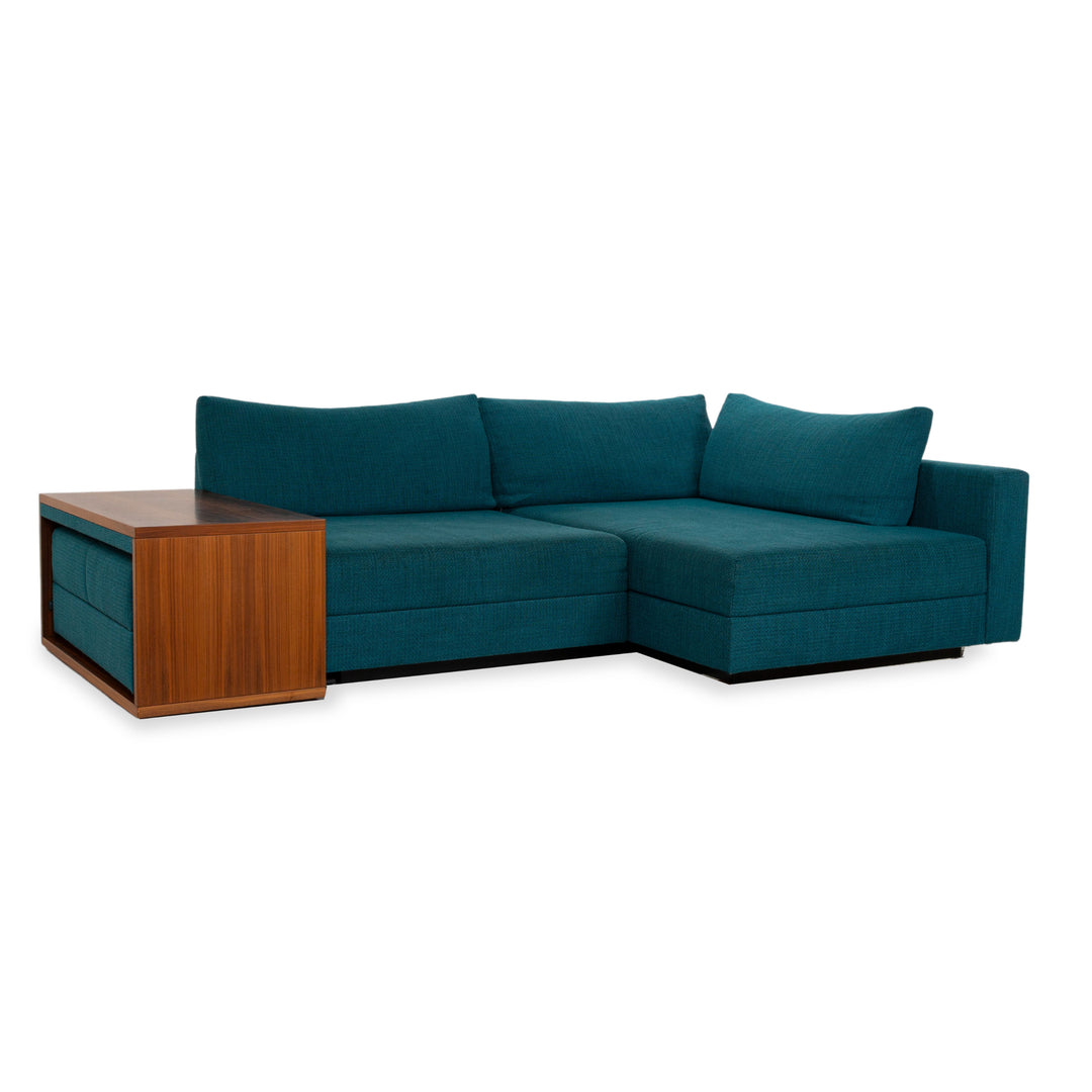 Franz Fertig Cocco fabric corner sofa blue including side table brown manual function chaise longue right sofa bed