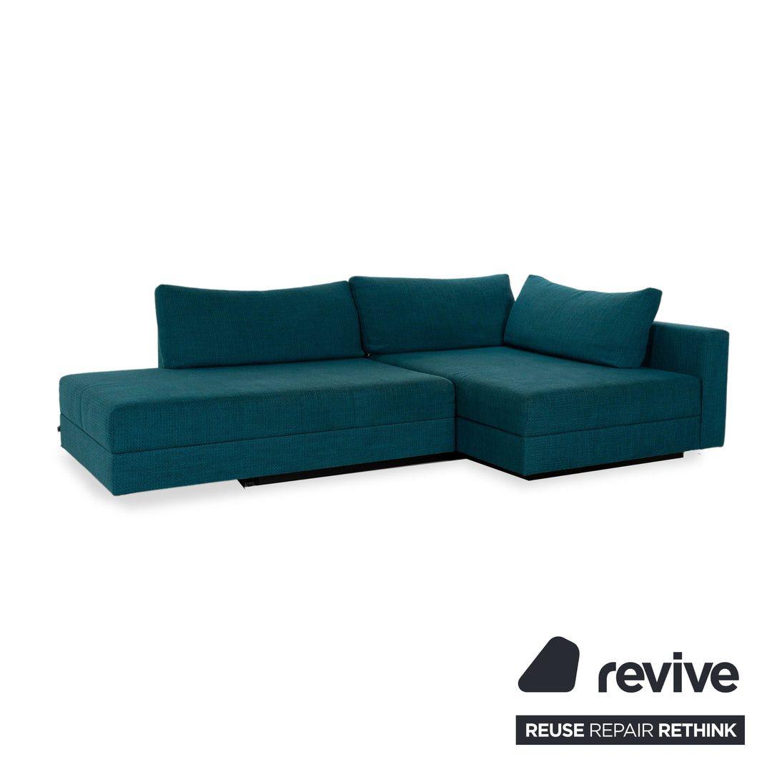 Franz Fertig Cocco fabric corner sofa blue including side table brown manual function chaise longue right sofa bed