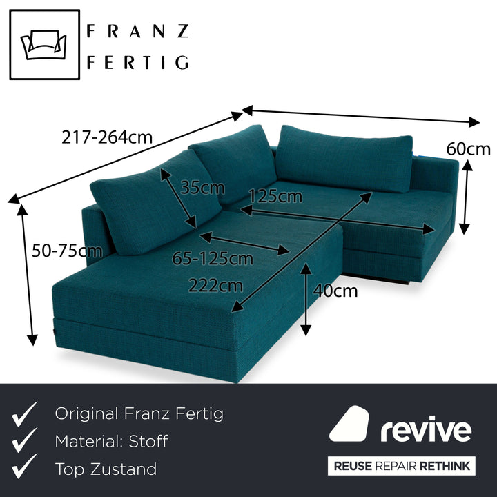 Franz Fertig Cocco fabric corner sofa blue including side table brown manual function chaise longue right sofa bed