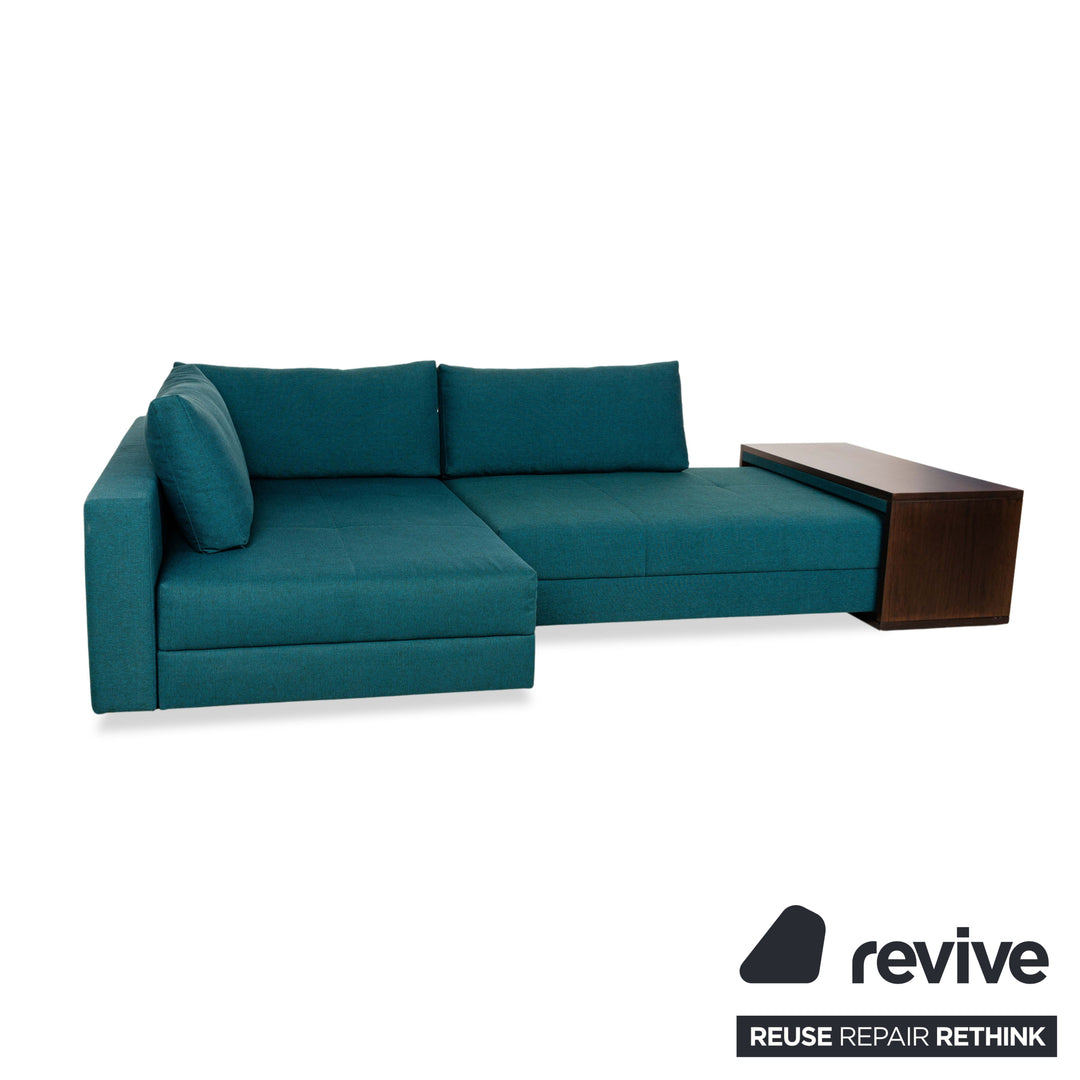 Franz Fertig Cocco fabric corner sofa couch turquoise blue including side table brown chaise longue left manual function