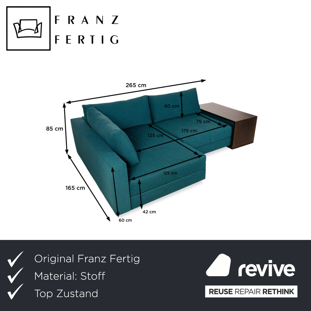 Franz Fertig Cocco Stoff Ecksofa Sofa Couch Türkis Blau inklusive Beistelltisch Braun Recamiere links manuelle Funktion