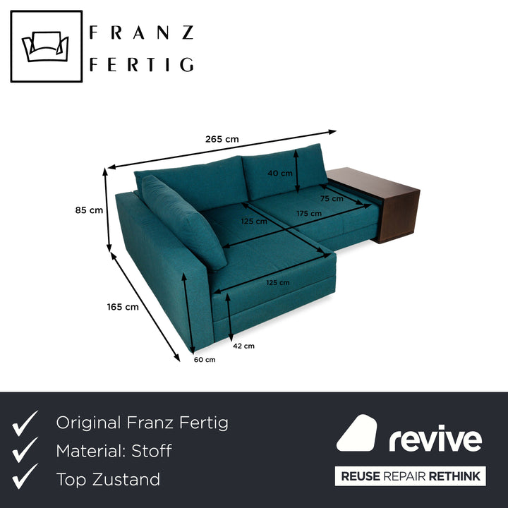 Franz Fertig Cocco fabric corner sofa couch turquoise blue including side table brown chaise longue left manual function