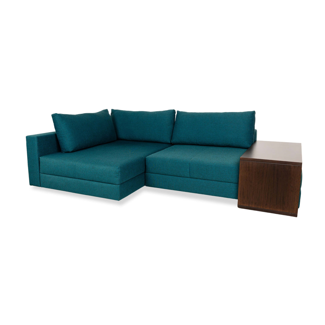 Franz Fertig Cocco fabric corner sofa couch turquoise blue including side table brown chaise longue left manual function