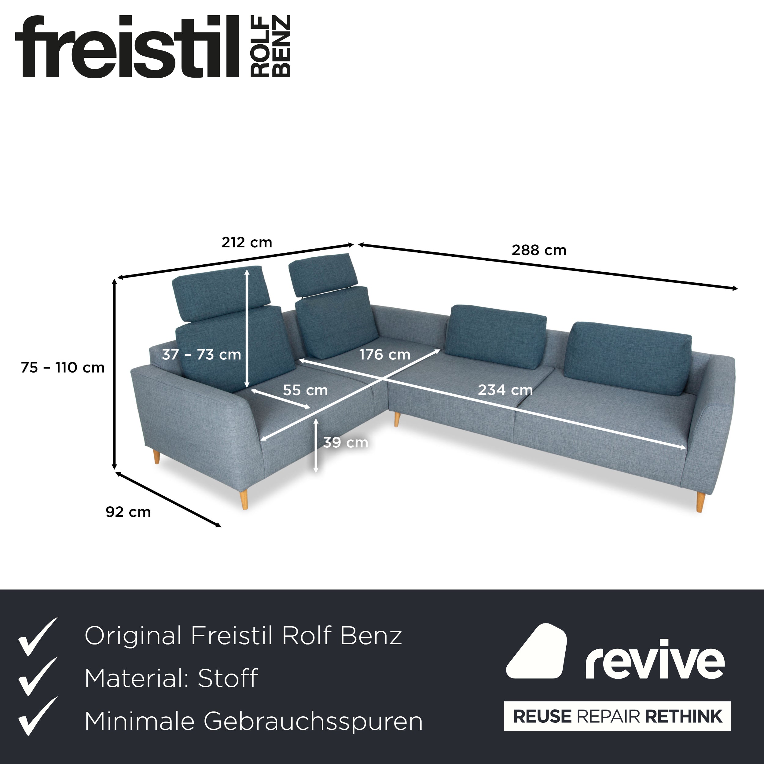 Canapé d'angle en tissu Freistil Rolf Benz 162 gris bleu canapé canapé fonction manuelle
