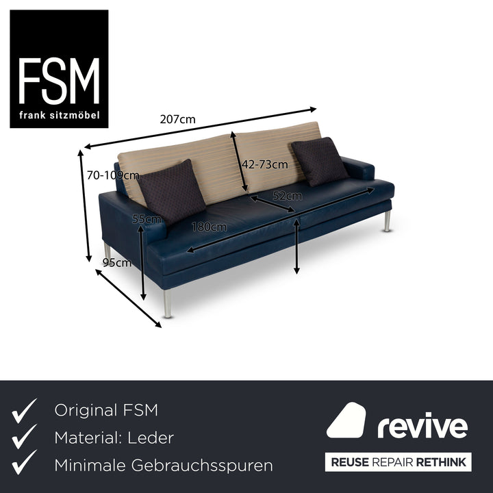 FSM Clarus Leather Three Seater Blue Brown Sofa Couch Manual Function