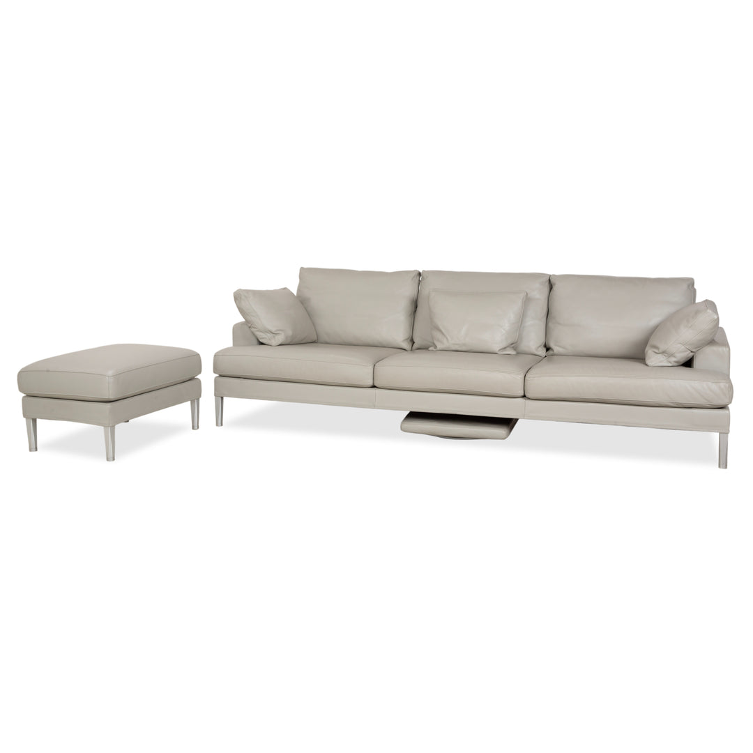 FSM Clarus Leather Three-Seater Ottoman Grey Pebble Sofa Couch Manual Function