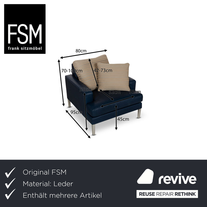 FSM Clarus Leather Three-Seater Armchair Stool Blue Brown Manual Function