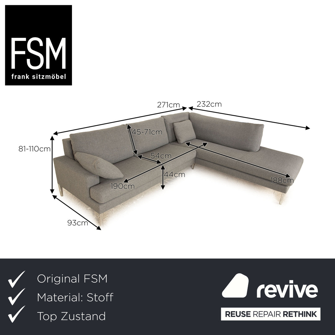 FSM Clarus Fabric Corner Sofa Grey Sofa Couch Manual Function Recamiere Right