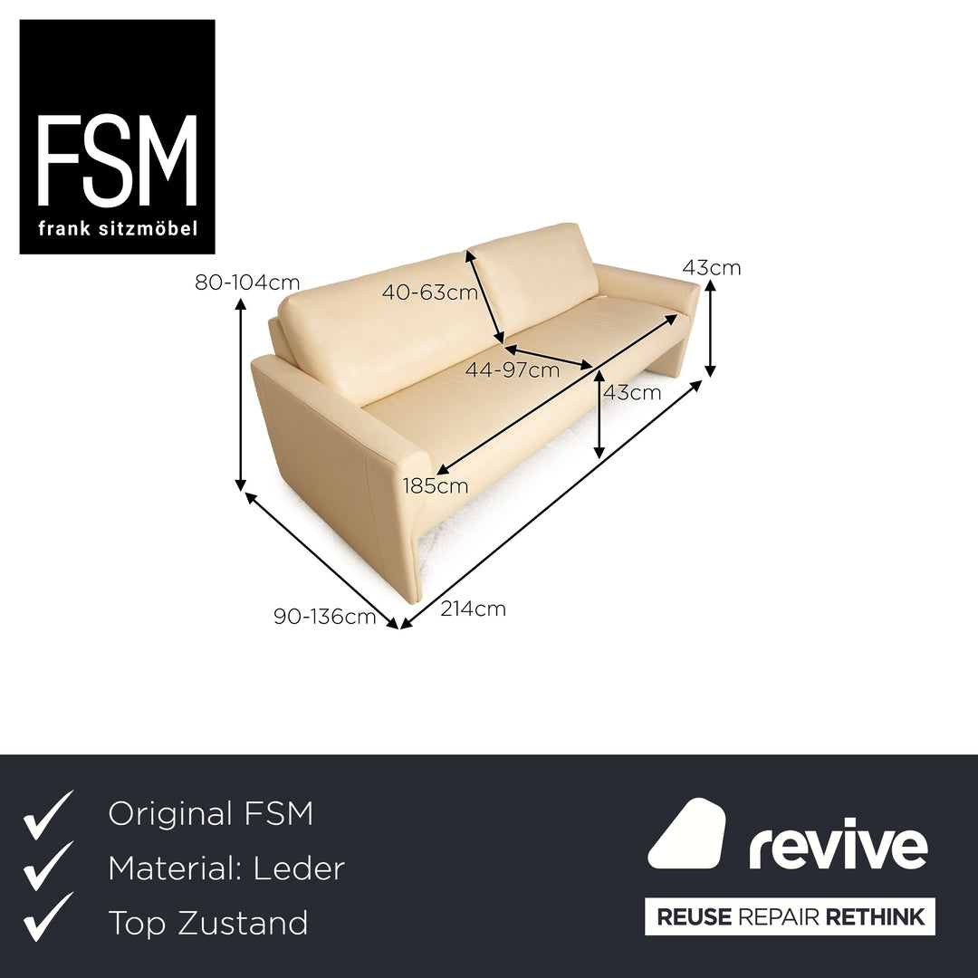 FSM leather three-seater cream manual function sofa couch incl. headrest