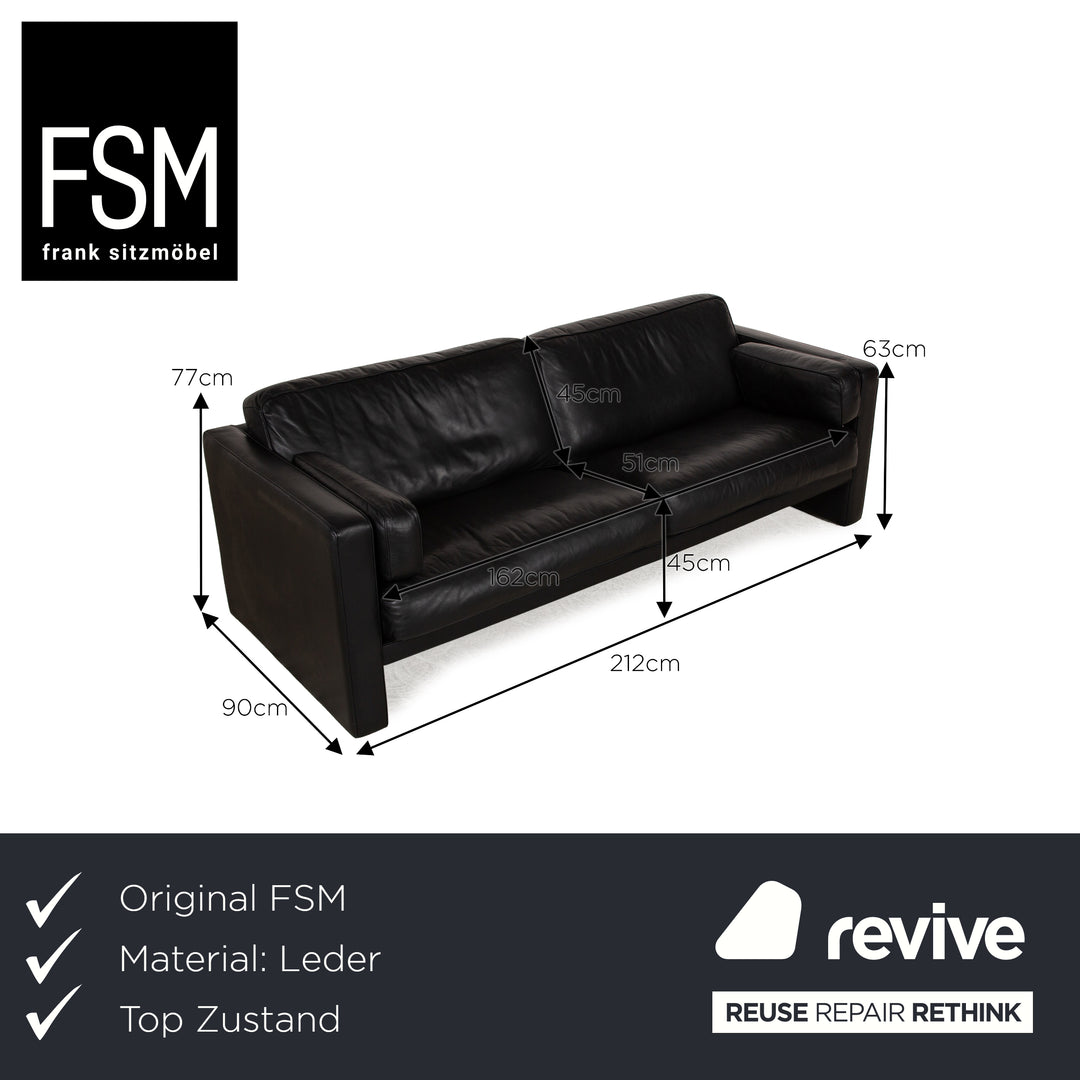 FSM Leather Three Seater Black Sofa Couch