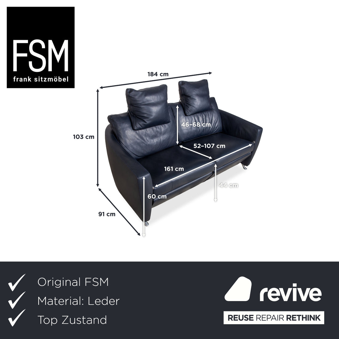 FSM Sesame Leather Two-Seater Dark Blue Navy Manual Function Chrome Feet Sofa Couch