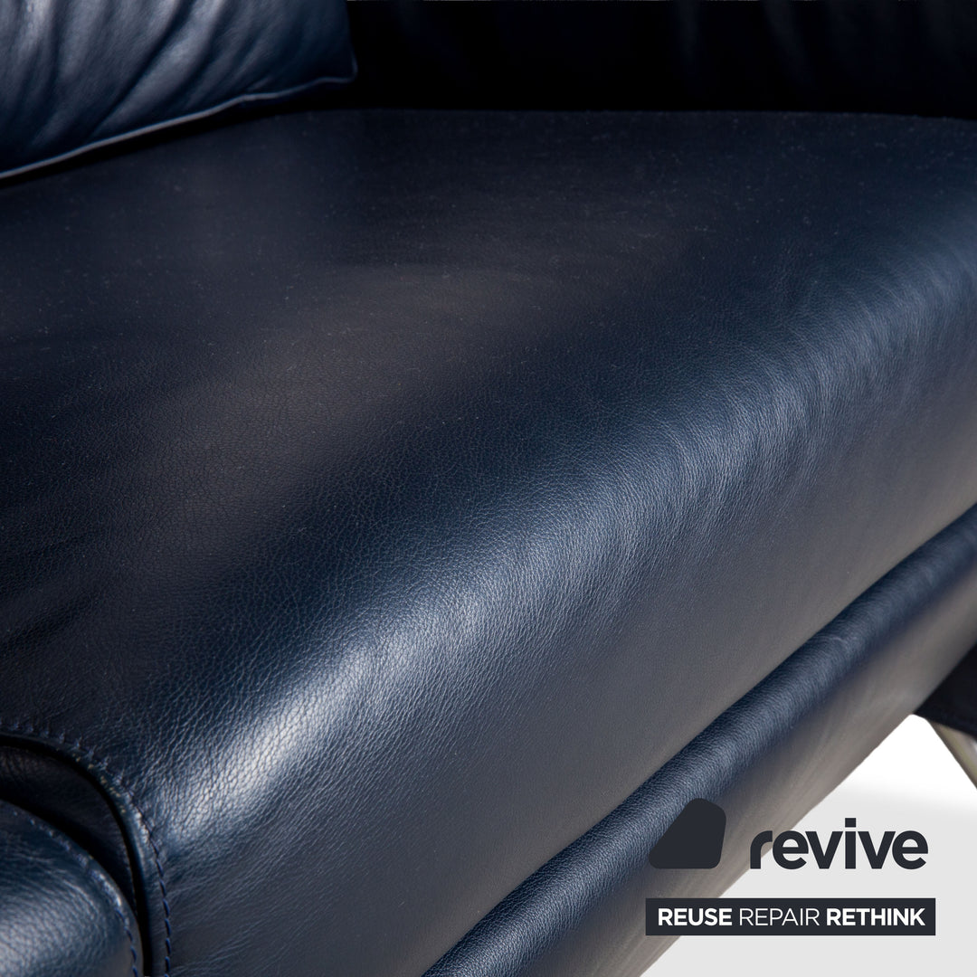 FSM Sesame Leather Two-Seater Dark Blue Navy Manual Function Chrome Feet Sofa Couch