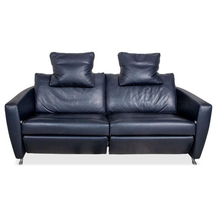 FSM Sesame Leather Two-Seater Dark Blue Navy Manual Function Chrome Feet Sofa Couch