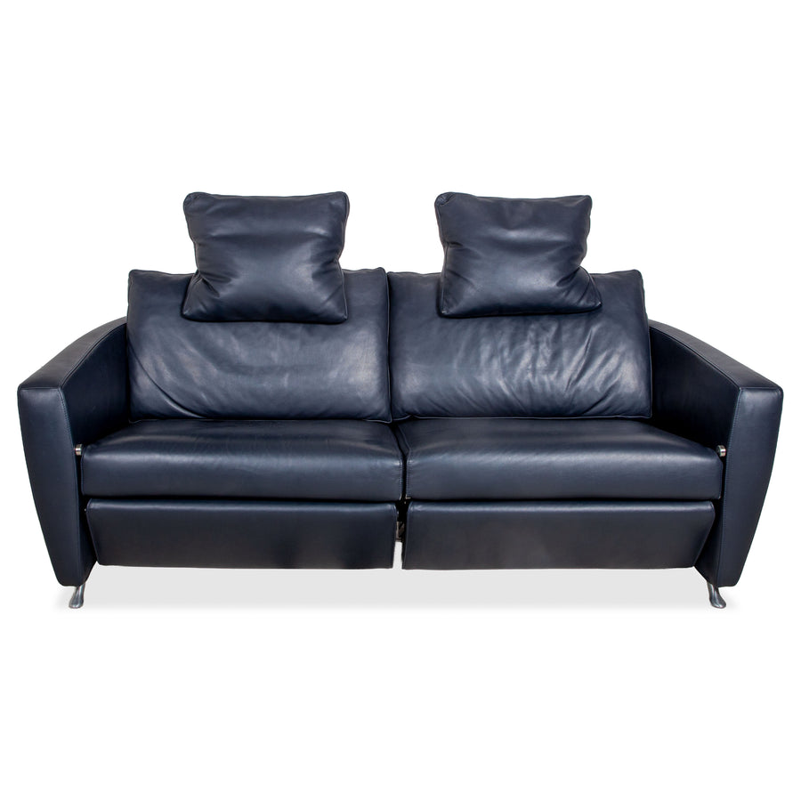 FSM Sesame Leather Two-Seater Dark Blue Navy Manual Function Chrome Feet Sofa Couch