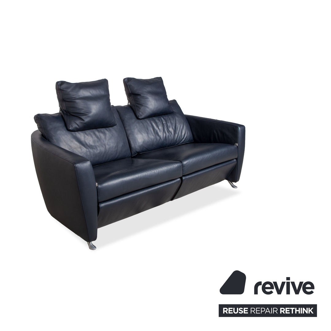 FSM Sesame Leather Two-Seater Dark Blue Navy Manual Function Chrome Feet Sofa Couch