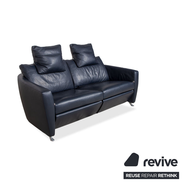 FSM Sesame Leather Two-Seater Dark Blue Navy Manual Function Chrome Feet Sofa Couch