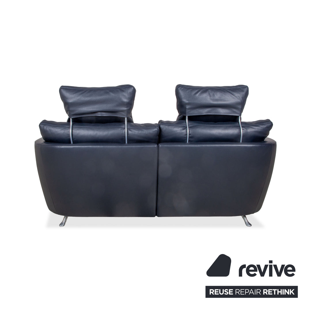 FSM Sesame Leather Two-Seater Dark Blue Navy Manual Function Chrome Feet Sofa Couch