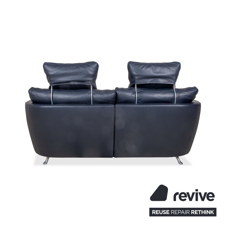 FSM Sesame Leather Two-Seater Dark Blue Navy Manual Function Chrome Feet Sofa Couch