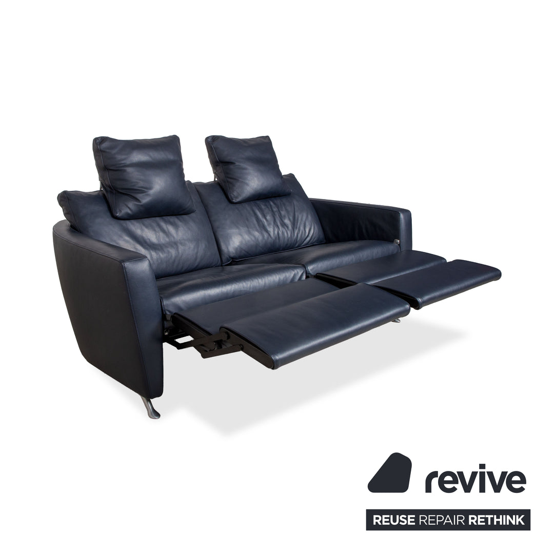 FSM Sesame Leather Two-Seater Dark Blue Navy Manual Function Chrome Feet Sofa Couch