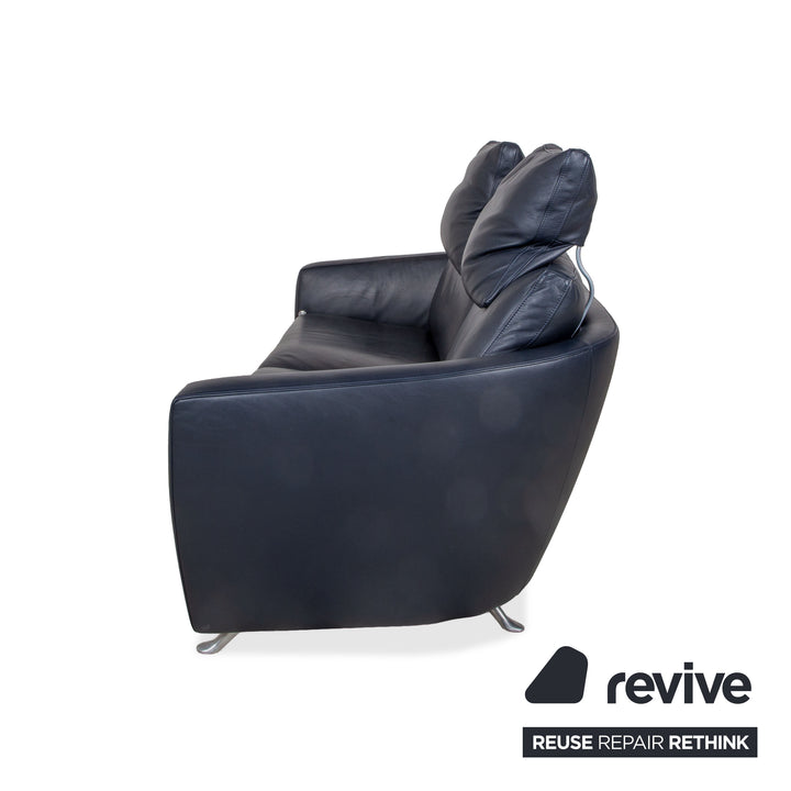 FSM Sesame Leather Two-Seater Dark Blue Navy Manual Function Chrome Feet Sofa Couch