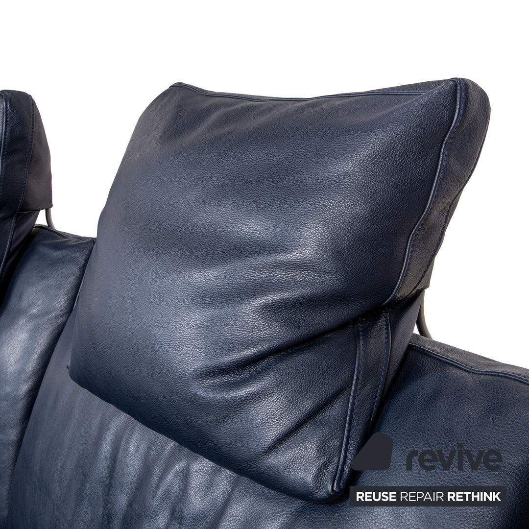 FSM Sesame Leather Two-Seater Dark Blue Navy Manual Function Chrome Feet Sofa Couch