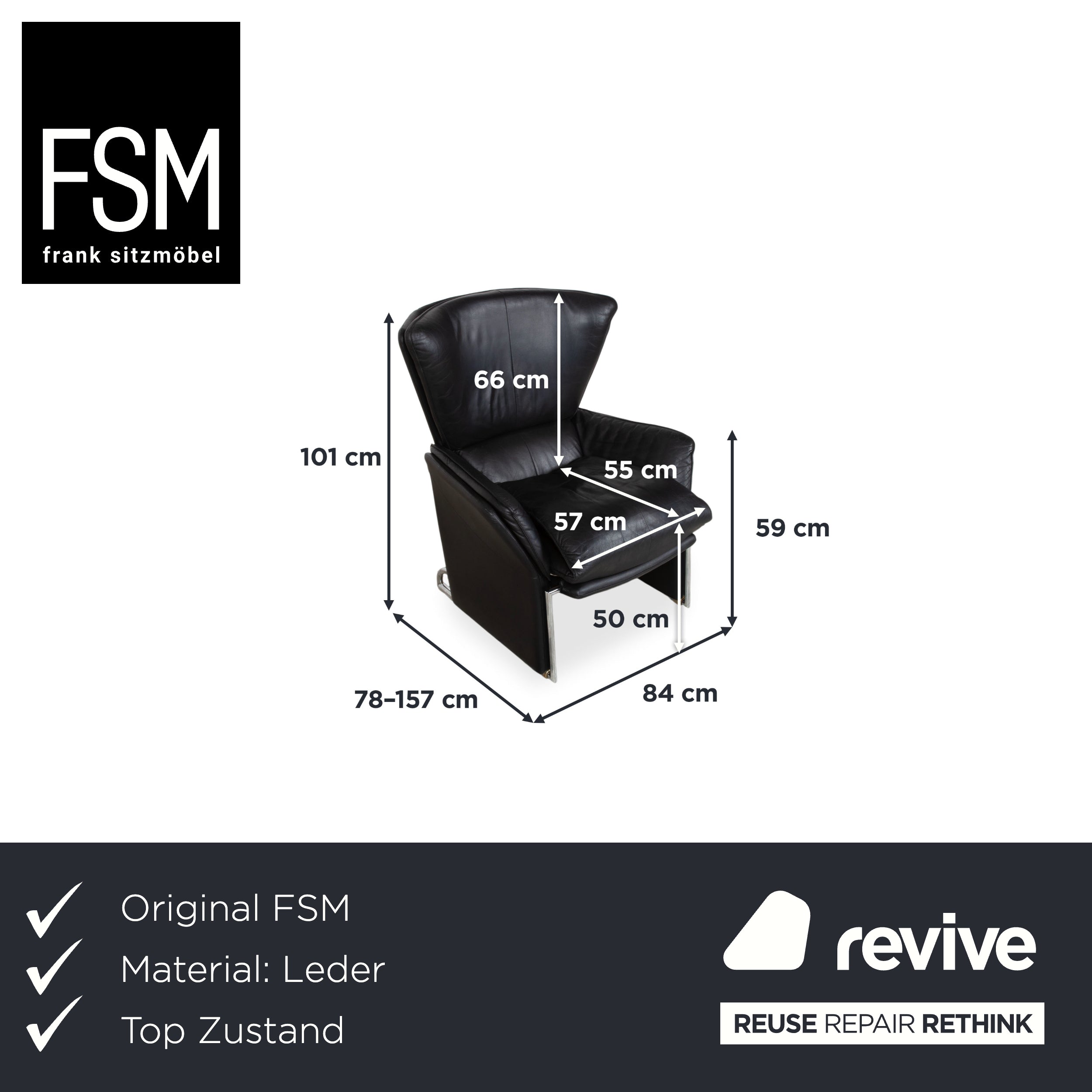 FSM Unus Leder Sessel Schwarz manuelle Relaxfunktion
