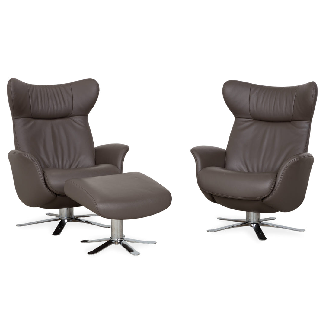 Set of 2 x Joop 8115 leather armchairs and footstools, grey taupe, chrome, manual function