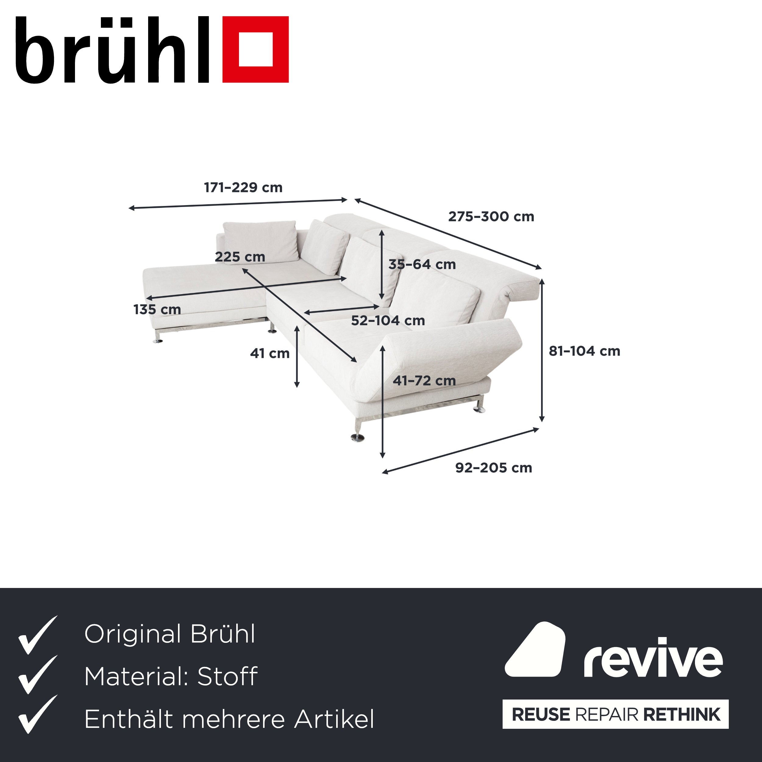 Garnitur Brühl Moule Stoff Ecksofa Hocker Grau Hellgrau Weiß manuelle Funktion Sofa Couch
