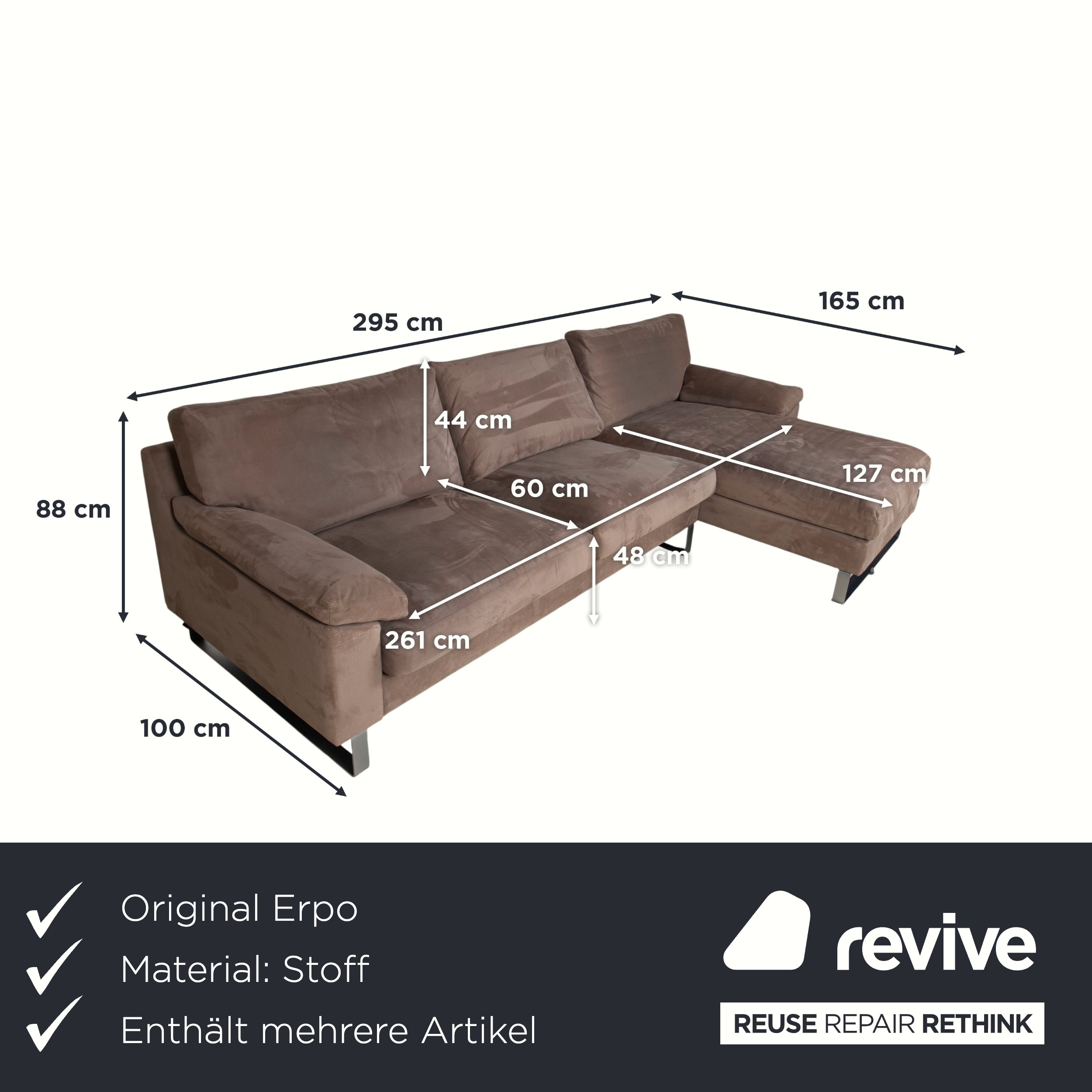 Garnitur Erpo Stoff Chrom Ecksofa Hocker Grau Beige Braun Sofa Couch Recamiere
