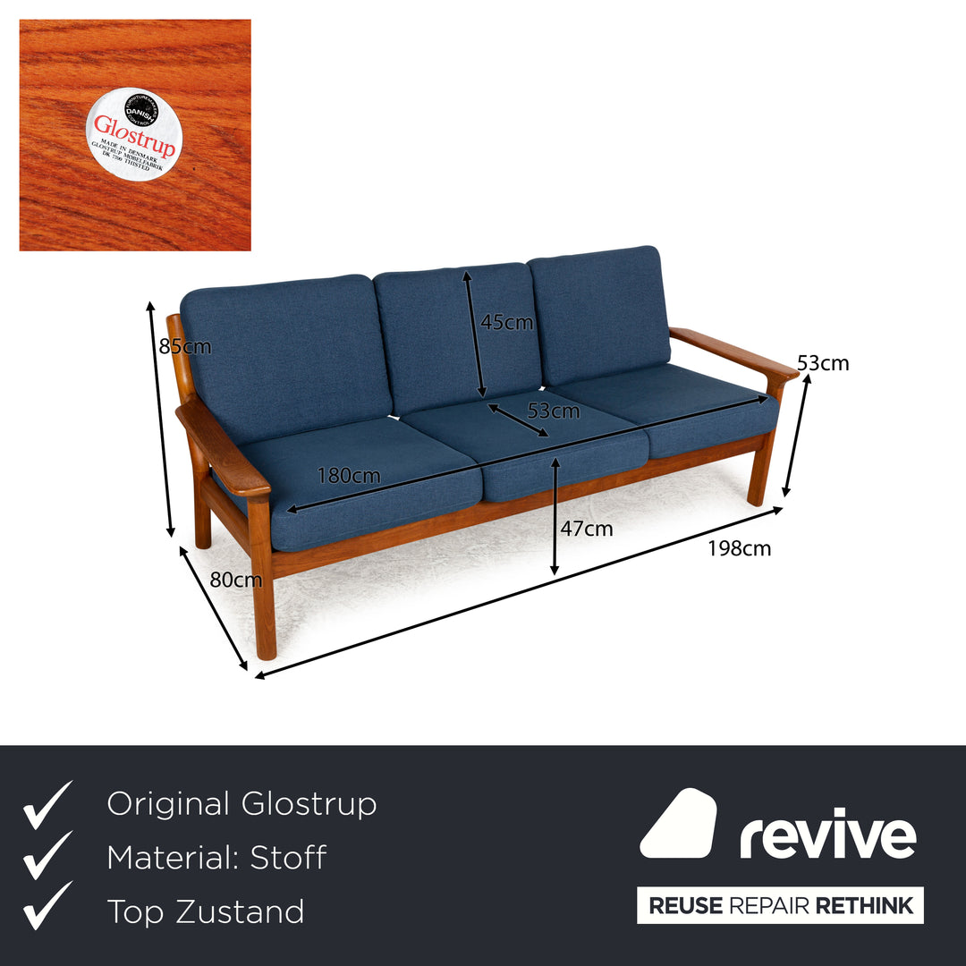 Glostrup Fabric Wood Three-Seater Blue Brown Sofa Couch