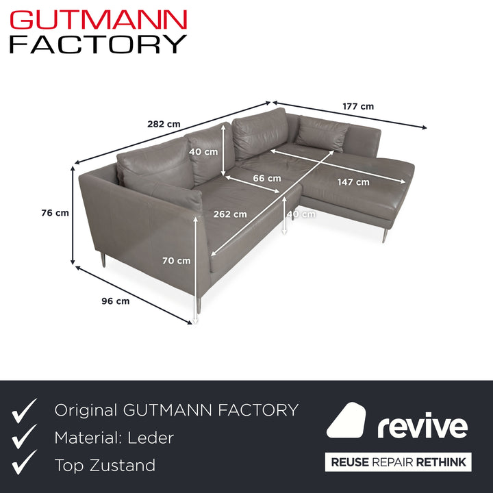 Gutmann Factory Leather Corner Sofa Grey Chaise Right Couch Chrome Feet