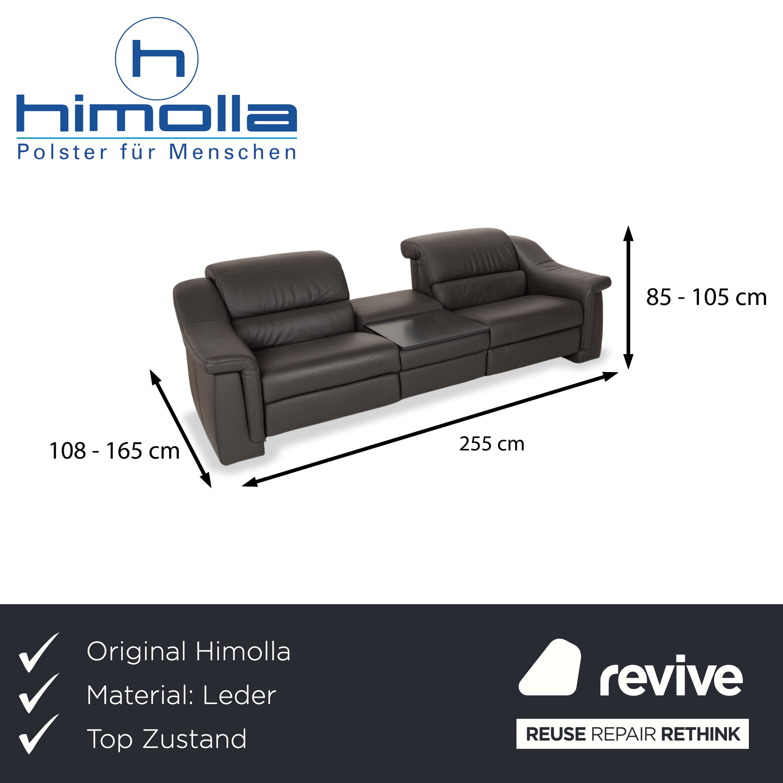 Himolla 1501 Leather Two-Seater Grey Electric Function Sofa Couch