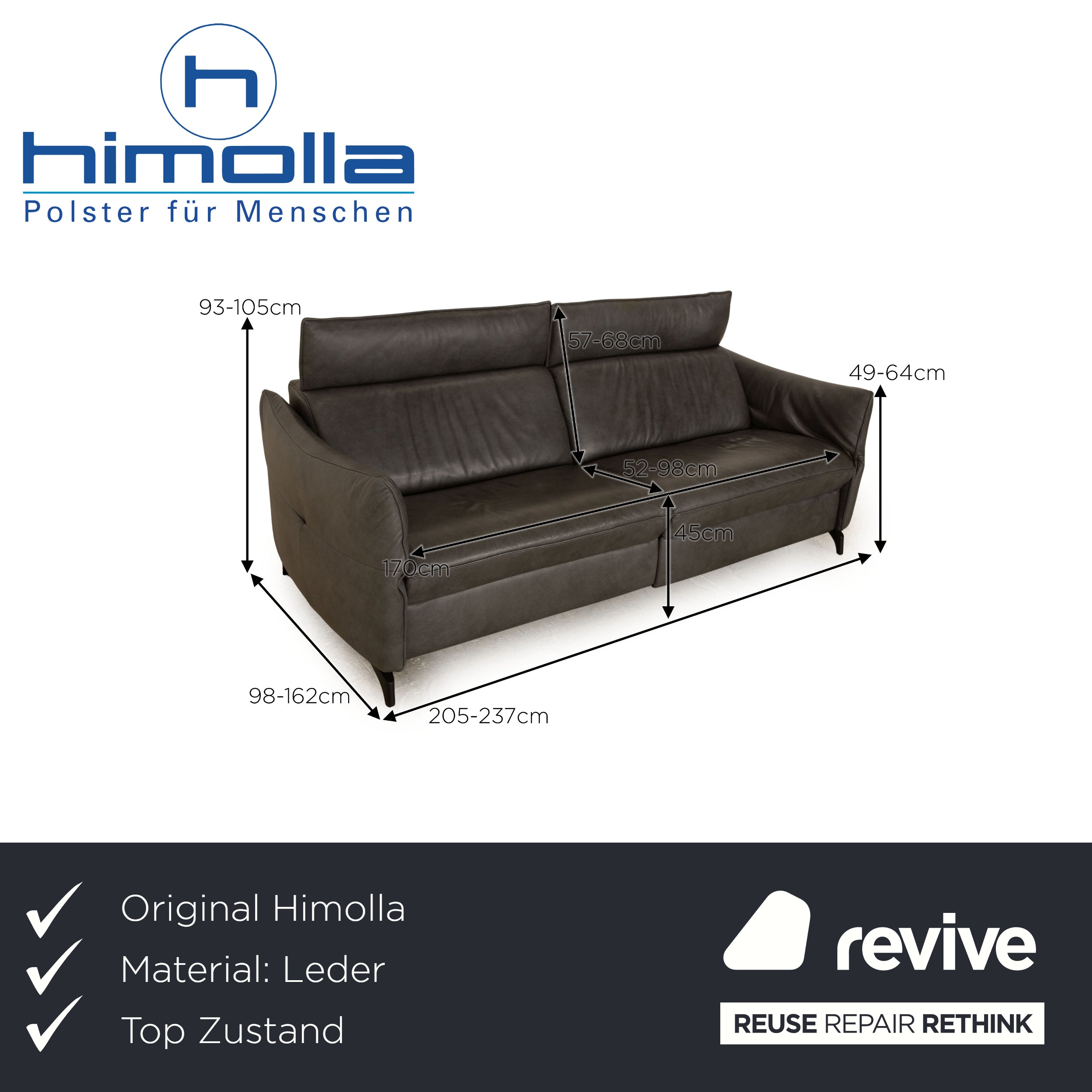 Himolla 1926 Leather Two Seater Grey Electric Function Sofa Couch