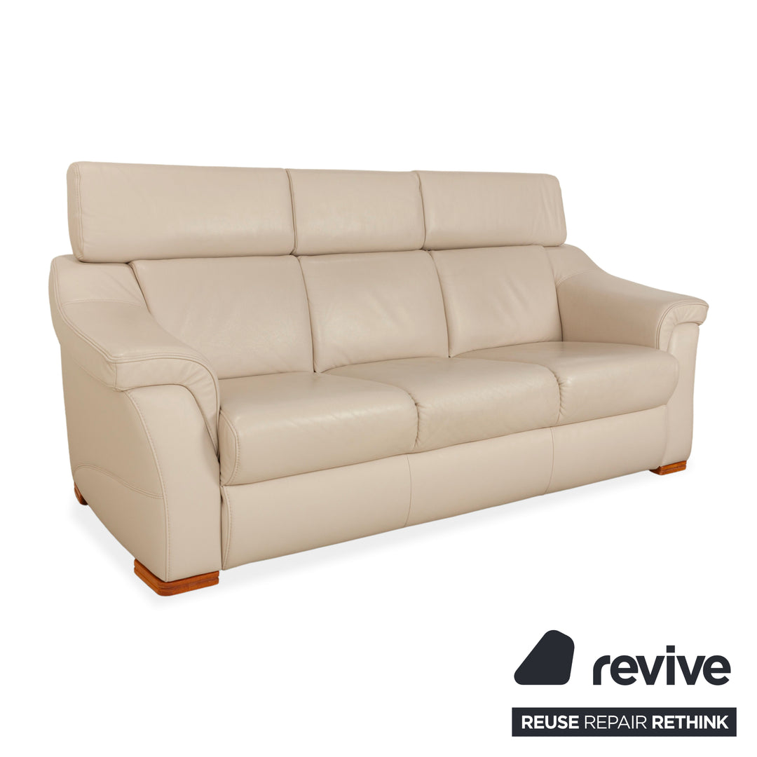 Himolla 1950 Leather Three-Seater Cream Sofa Couch Manual Function